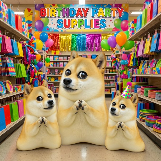 Three Shiba Inu dogs with their paws together in a praying gesture, standing in a brightly decorated birthday party supply store filled with colorful balloons, gifts, and party decorations under a 'BIRTHDAY PARTY SUPPLIES' sign.
