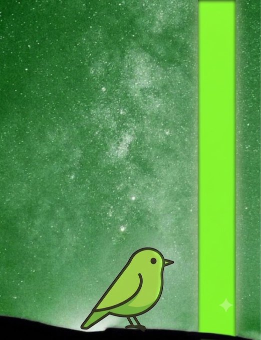 A glowing green bird stands beneath a starry green galaxy, gazing at a tall beam of light beside it. The cosmic, awakened scene visually echoes the post's message of finding clarity and conviction in late-night $THROBBIN bullposting on Robinhood.