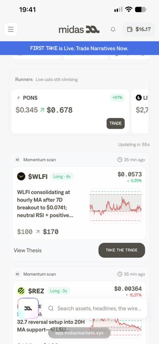 A screenshot of a mobile trading app called 'midas' showing crypto token information including 'PONS' at $0.345 to $0.678 (+97%), '$WLFI' Long at $0.0573, and '$REZ' Long at $0.00364, with a balance of $16.17 displayed.
