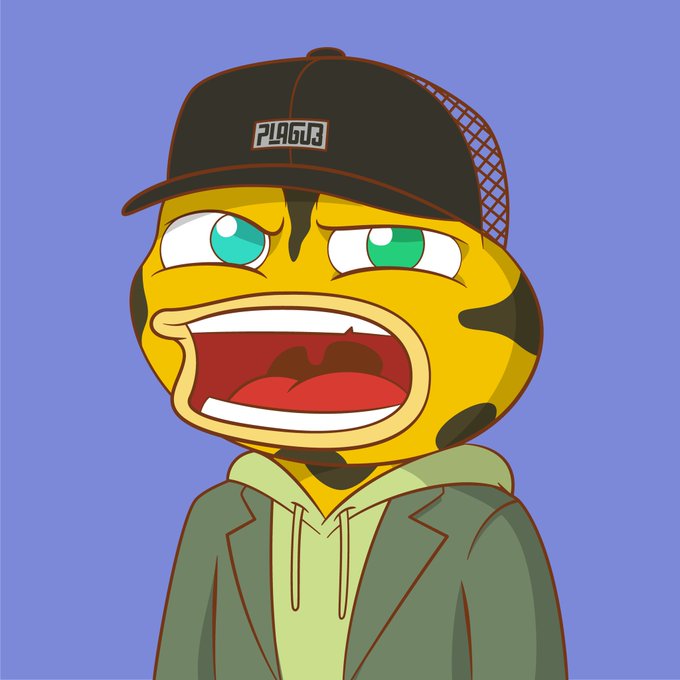 A cartoon character resembling a yellow frog with green eyes wearing a black cap labeled 'PLAGUB' and a green hoodie, set against a blue background.