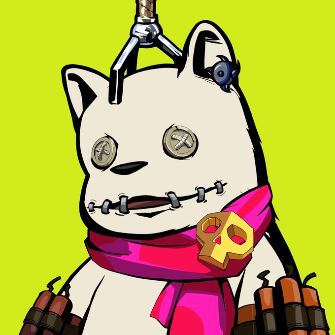 A cartoon illustration of a white bear character with a stitched mouth, button eyes, and a grenade pin on its head, wearing a pink scarf with a gold "R" tag, set against a lime green background. The bear mascot aligns with the "Robinhood Bear" branding in the tweet, which is promoting a giveaway for the first 200 ETH participants to win guaranteed spots in a project called @Robinhood_Bear.