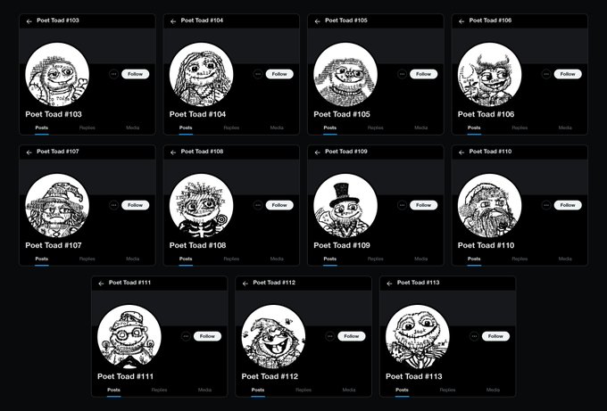 A grid of NFT profile pictures labeled 'Poet Toad #103' through 'Poet Toad #113', featuring hand-drawn toad characters in various costumes and styles.