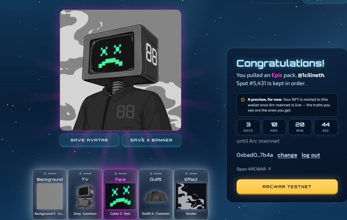 A digital interface showing an NFT minting screen for an 'Epic' pack featuring a robot character with a green X-eyed sad face on a TV screen head, with a countdown timer for Arc mainnet.