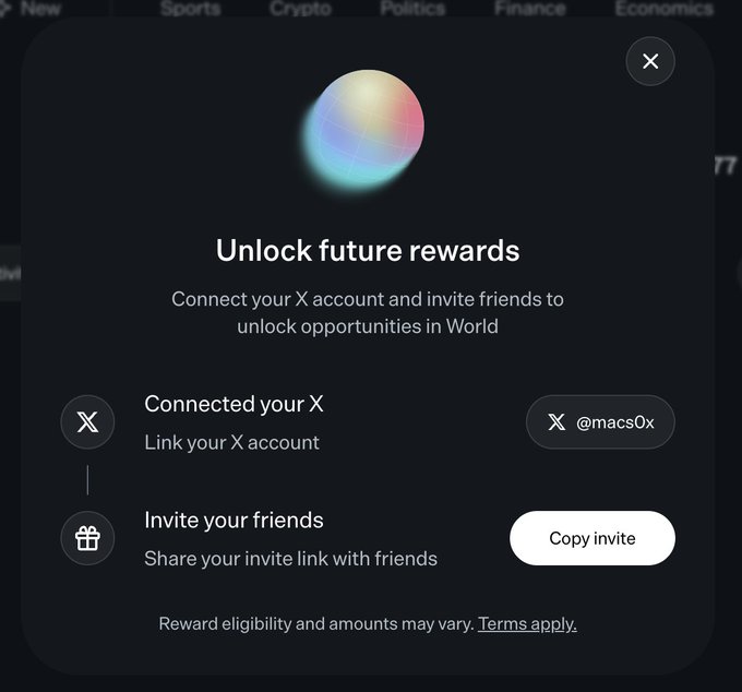 A modal overlay titled "Unlock future rewards" on World.xyz prompts users to connect their X account (showing the handle @macs0x) and invite friends via a shareable link, aligning with the post's instructions to join via referral, link an X account, and complete trades to qualify for the upcoming "stimmy" rewards.