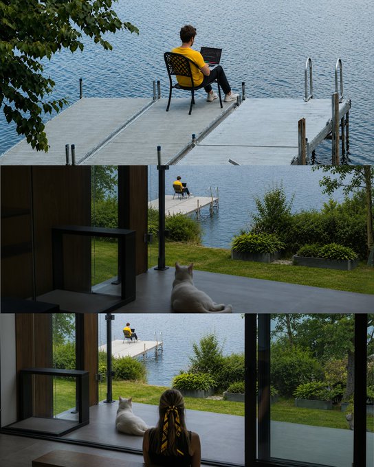 The image shows a three-panel scene: a man on a lakeside dock working on his laptop, a cat watching him from inside, and a woman watching the cat watch the man, perfectly illustrating the "watching chain" described in the post.