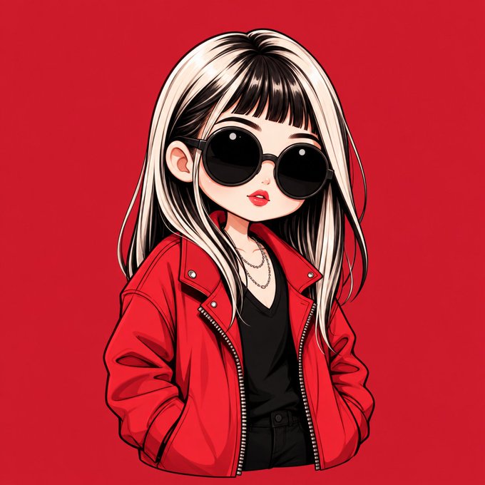An anime-style digital illustration of a young woman with large round black sunglasses, two-toned black and white hair, and a red leather jacket against a red background.