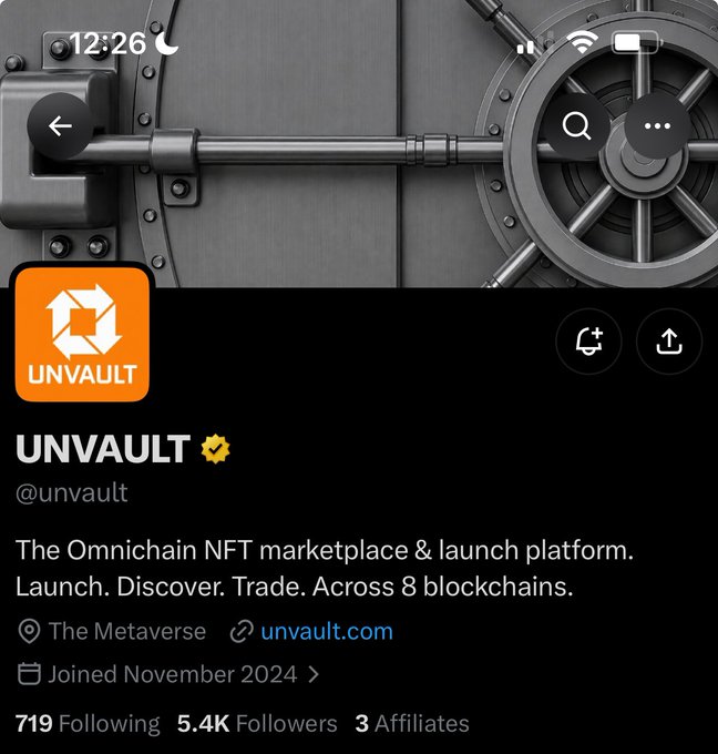 A screenshot of the @unvault profile on X, showing "UNVAULT" with a yellow checkmark, 5.4K followers, and a bio describing it as "The Omnichain NFT marketplace & launch platform" supporting 8 blockchains. The post promotes their free mint of 5,000 "Genesis Bug" NFTs on Ethereum, highlighting its utility model where holding the Bug grants priority access to UnVault Launchpad mints and bonus rewards.