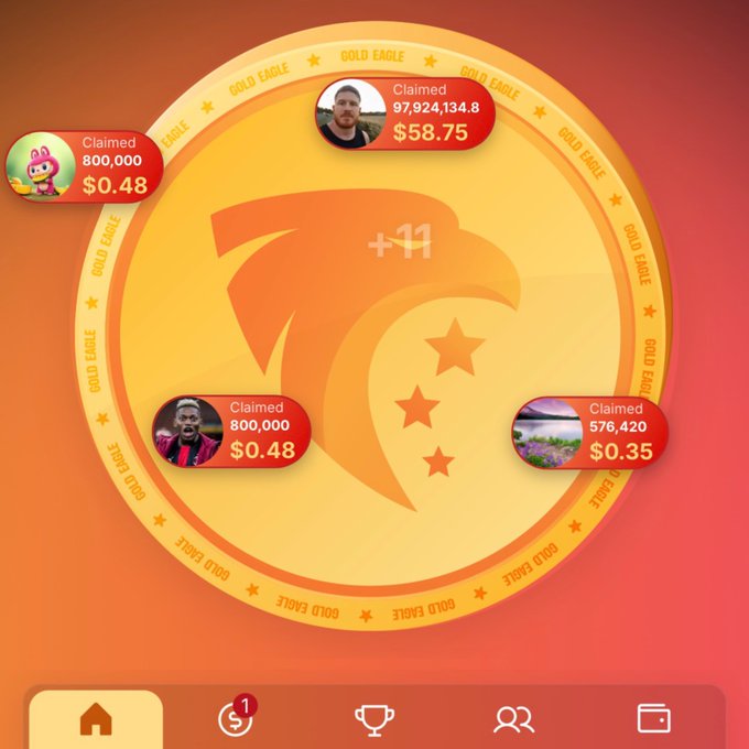 A screenshot of the Gold Eagle crypto mining game on Sl8 Social, showing a spinning wheel with user claims displayed, including a top claim of 97,924,134.8 STARDUST tokens worth $58.75, along with other users' smaller claims like 800,000 and 576,420 tokens. The interface features the game's signature eagle logo and orange color scheme, illustrating the passive token mining experience described in the post.