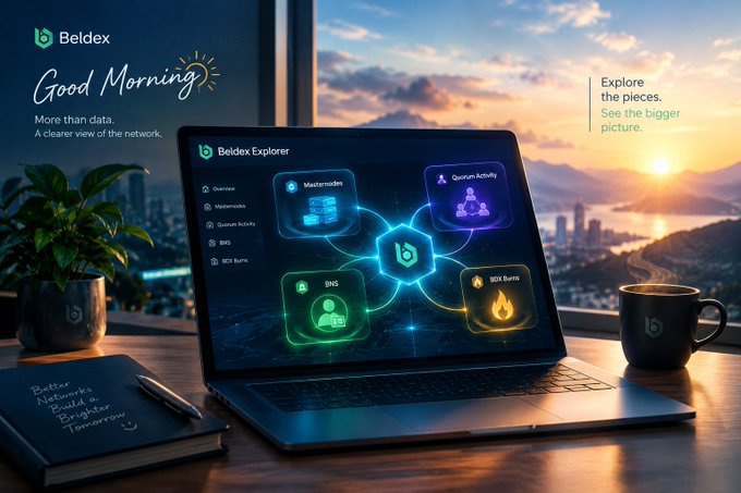 A promotional image for Beldex Explorer shows a laptop displaying the platform's network overview with sections for MasterNodes, Quantum Activity, BNS, and BCH Burns, set against a sunrise city view.