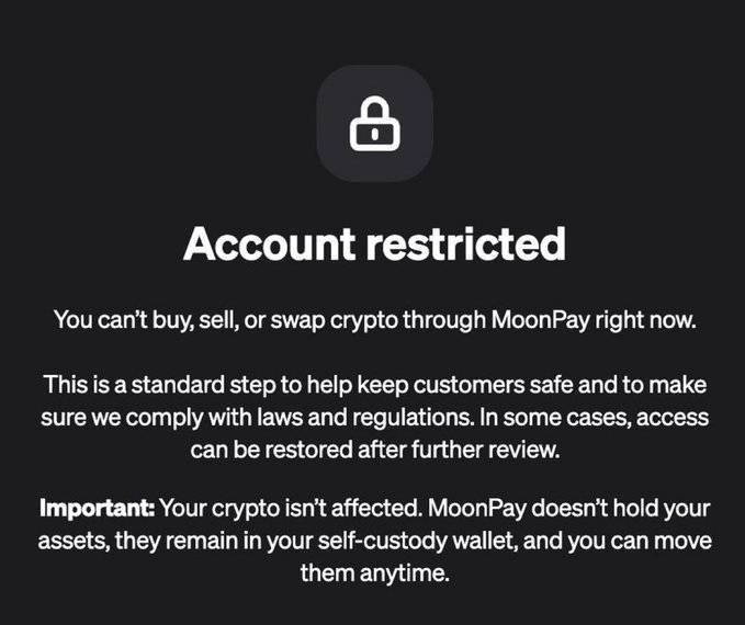 A MoonPay account restriction notice with a lock icon, stating 'Account restricted - You can't buy, sell, or swap crypto through MoonPay right now' due to compliance with laws and regulations.