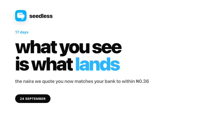 Seedless promotional graphic reading 'what you see is what lands' announcing that quoted naira matches bank rates within ₦0.36, dated 24 September.