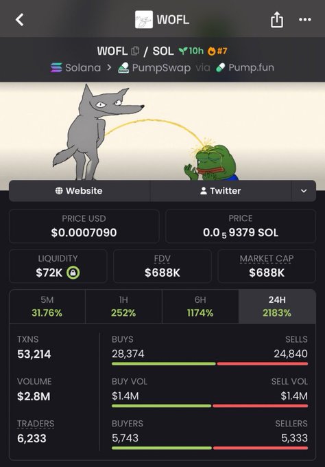 A mobile crypto tracking screen displays the token WOFL/SOL on Solana via PumpSwap/Pump.fun, showing a price of $0.0007090, $688K market cap, and notable 24-hour gains.