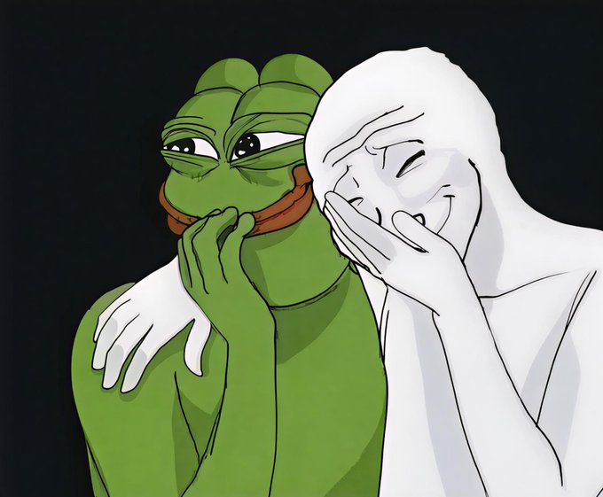 A digital illustration featuring the 'Pepe the Frog' character and a blank white figure covering their mouth, both laughing, set against a dark background.
