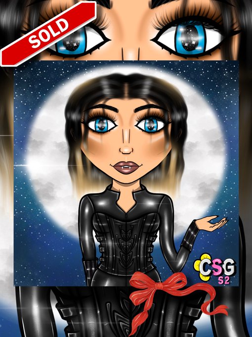 A digital artwork features a stylized woman with striking blue eyes and long dark hair against a full moon background, labeled "SOLD" and "CSG S2," with a red bow accent—corresponding to the sold CSG custom added to @MeowMetaX's collection as her second #ClassySassyGirls piece.