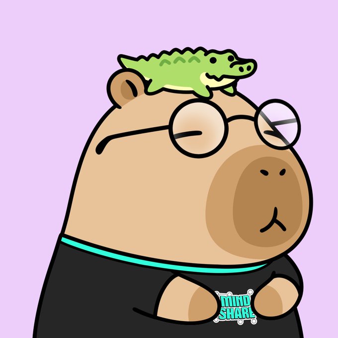 A cartoon capybara character wearing round glasses and a black shirt, with a small green crocodile resting on its head, set against a lavender background with a 'Mindshare' logo.