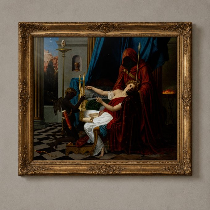 A classical painting displayed in an ornate gold frame, depicting a winged cherub interacting with a reclining figure and a hooded figure in a red robe, set in an architectural interior with a view of a distant city.