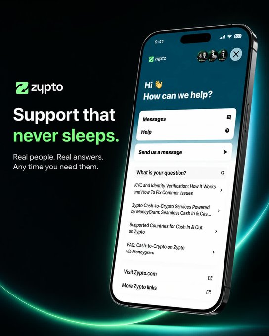 A promotional graphic for Zypto features a smartphone displaying the app's support chat interface with the headline "Support that never sleeps," directly reinforcing the post's message about 24/7 real human customer support for crypto users. The phone screen shows a "Hi 👋 How can we help?" greeting with options for Messages, Help, and a "Send us a message" prompt, along with help topics like KYC verification and cash-to-crypto services powered by MoneyGram.
