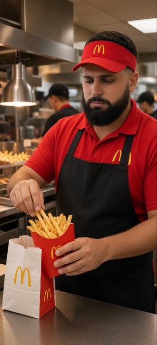 A McDonald's worker wearing a visor with the iconic golden arches logo bags a fresh order of fries, looking down with a stressed, defeated expression. The image humorously pairs with the caption "Me if I don't make a good trade soon lmao," suggesting the creator feels stuck working a fast food job like they're serving fries while waiting for a profitable trade to come through.