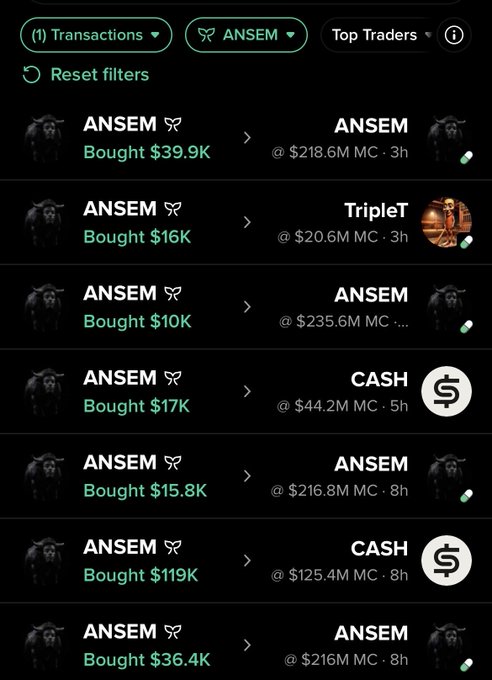 Cryptocurrency transaction tracker showing multiple purchases of the ANSEM token ranging from $10K to $119K, with various market caps and time stamps.