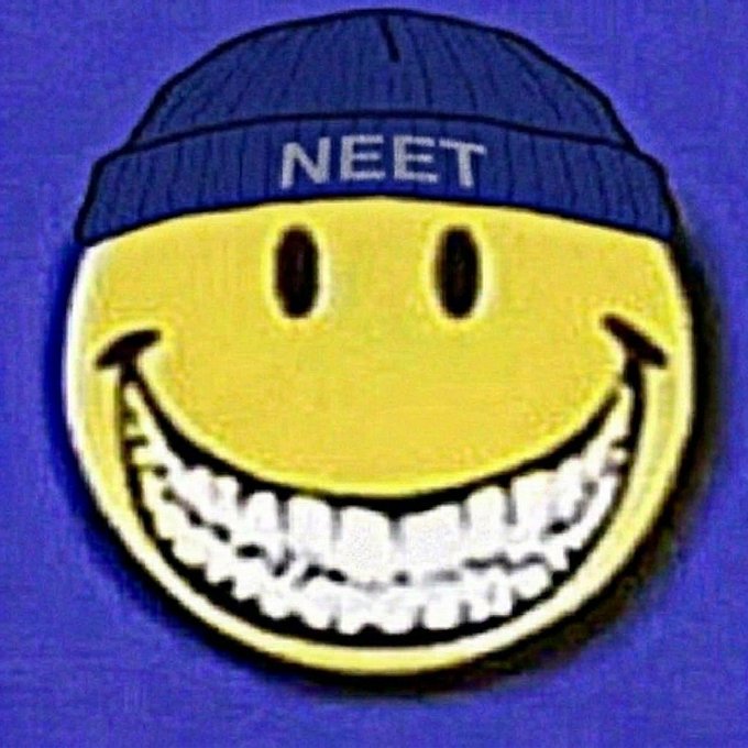 A vintage-style smiling yellow smiley face wearing a blue beanie labeled 'NEET' against a blue background.