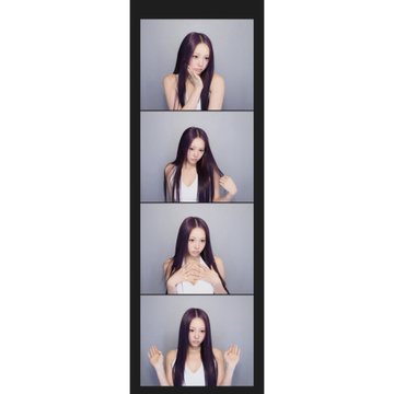 A photo booth strip shows a woman with long dark hair in four sequential poses against a light blue backdrop, wearing a white top.
