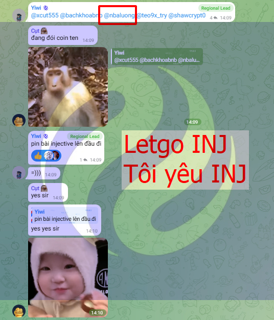 A Telegram group chat screenshot in Vietnamese featuring monkey and baby memes, with red text overlay 'Letgo INJ Tôi yêu INJ' and a highlighted username @nbaluong.