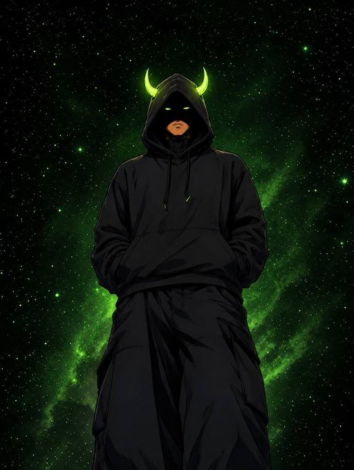 An illustration of a hooded figure in a black robe with glowing green eyes and horns, standing against a starry green nebula background.