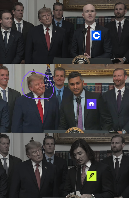 In this meme, Donald Trump is pictured with a smug expression, flanked by men in suits, with crypto logos from Coinbase (C) and Kraken (tentacle) superimposed. The post's mention of "$INK szn" likely refers to the Ink (INK) cryptocurrency, implying the image humorously suggests the anticipation of its market rise.