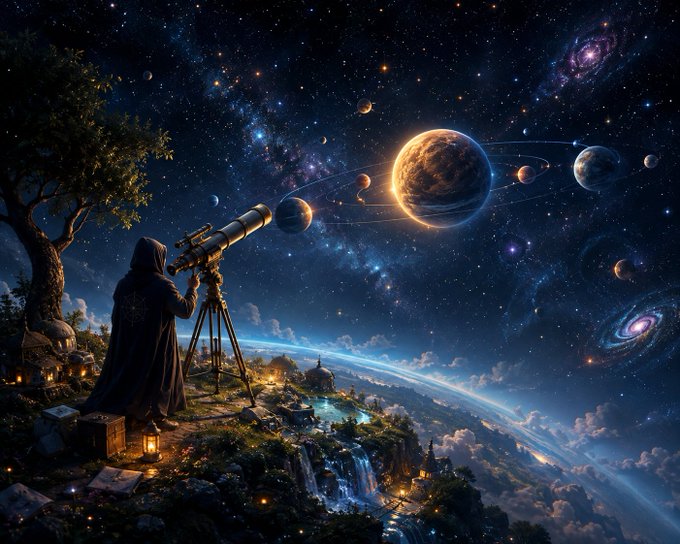 A fantasy digital artwork showing a hooded figure in dark robes looking through a telescope on a cliffside at night, with multiple planets, moons, galaxies, and a glowing Earth visible in the expansive starry sky above.