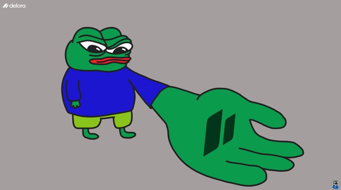 A cartoon illustration of Pepe the Frog wearing a blue shirt with an oversized right arm, with a 'deloro' watermark in the upper left corner.