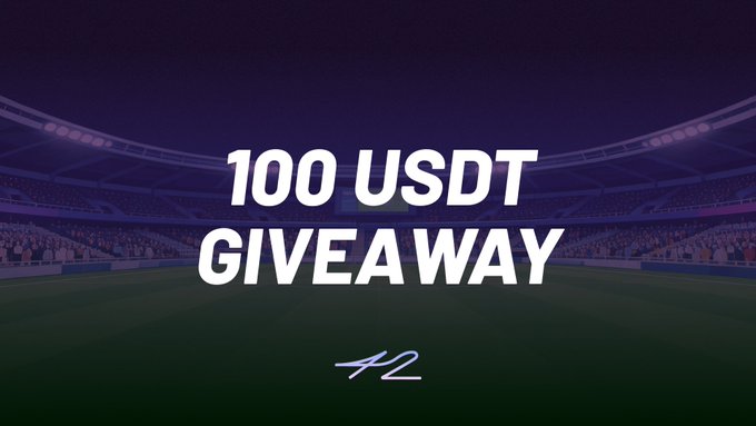 A sports stadium backdrop features bold white text reading "100 USDT GIVEAWAY" with a stylized "42" logo beneath, promoting a trading contest where participants can win 100 USDT by sharing their biggest PnL wins from markets traded on the 42 platform.