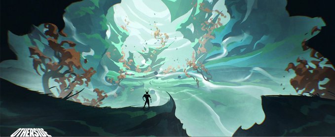 A dark fantasy digital illustration showing a small silhouetted figure standing on a cliff edge, facing a swirling vortex of teal, white, and orange energy, with a 'CYBERSOUL' logo in the bottom left corner.