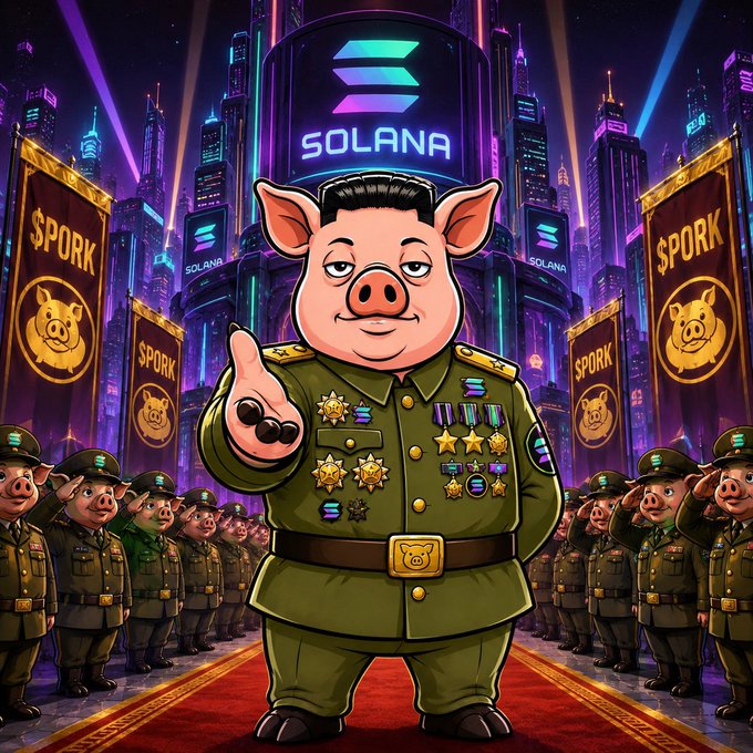 A cartoon pig general in military uniform decorated with medals stands on a red carpet, flanked by soldier pigs, with Solana logos, $PORK banners, and a neon cyberpunk cityscape in the background.
