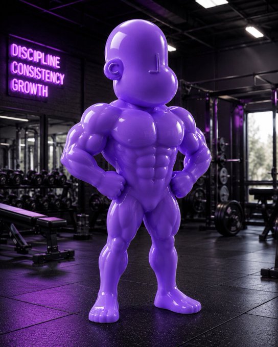 A purple, glossy, muscular cartoon figure standing confidently in a gym with a neon sign reading 'DISCIPLINE CONSISTENCY GROWTH' in the background.