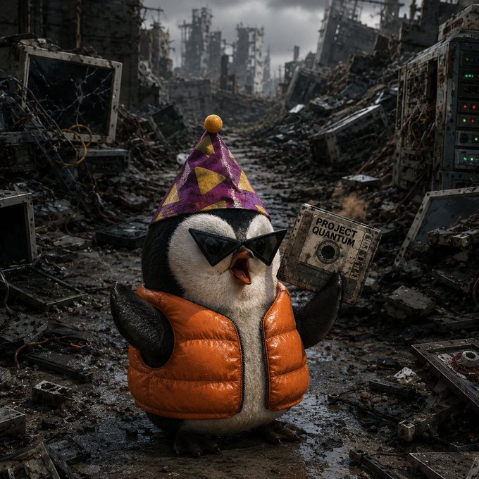 A penguin wearing a purple wizard hat, pixelated sunglasses, and an orange puffer vest, holding a device labeled 'PROJECT QUANTUM' in a post-apocalyptic ruined cityscape.