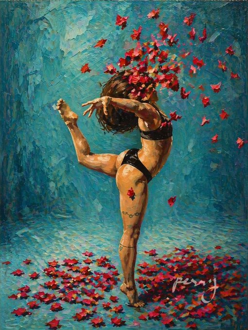 The image features a painting of a woman with red flowers falling from her head, surrounded by scattered red flowers. The painting has been signed "Peyton" at the bottom right corner. The background of the painting appears to be blue, which contrasts with the vibrant red flowers and the woman's pose. The artist's signature is placed in the bottom right corner of the image.