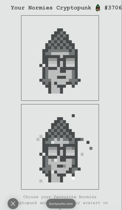A screenshot from "backpunks.com" displays two pixelated variants of Normies Cryptopunk #3706, one intact and one with scattered pixel fragments, under the heading "Your Normies Cryptopunk #3706." The fragmented appearance of the lower version visually echoes the caption "From head to toe," suggesting a disintegration or deconstruction of the punk from top to bottom.