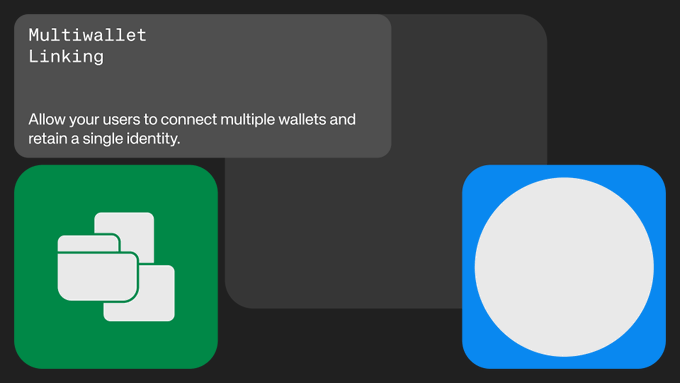 A dark-themed graphic promoting 'Multiwallet Linking' that allows users to connect multiple wallets while retaining a single identity, featuring a green wallet icon and a blue circular logo.