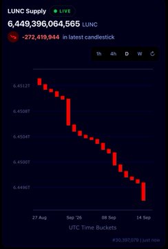 A candlestick chart on UTC Time Buckets shows the LUNC supply dropping from 6.45127 trillion on August 27 to approximately 6.44902 trillion by September 14, with a 1-day decrease of 272,410,844 tokens in the latest candle—visually reinforcing the post's claim that LUNC burns are accelerating.