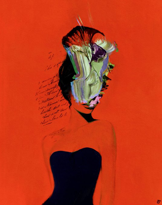 A painting of a woman in a dark blue strapless dress against a bright orange background, with thick green and purple paint strokes obscuring her face and faint handwritten text visible to the left of her head.