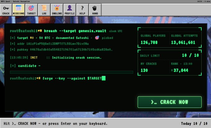 A terminal interface for "BTC Quest - Genesis: Resurrect" shows a user at root@satoshi running "breach --target genesis.vault" on a target holding "50 BTC · documented Satoshi" with stats of 126,700 global players, 13,061,601 attempts, and a "CRACK NOW" prompt, illustrating the Bitcoin-themed crack/POV gameplay mechanics referenced in the post about MemeBitcoin's evolving reward system.