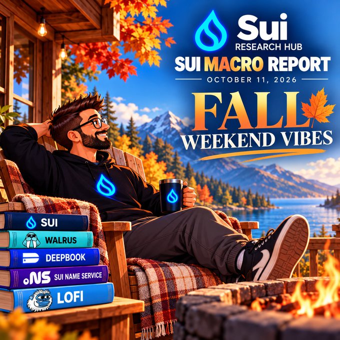 A promotional graphic for 'Sui Research Hub - SUI MACRO REPORT' dated October 11, 2026, featuring 'FALL WEEKEND VIBES' with an illustrated man relaxing in a chair by a lake, holding a Sui-branded mug, with stacked books for SUI, WALRUS, DEEPBOOK, SUI NAME SERVICE, and LOFI.