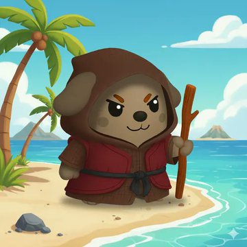 A cartoon character resembling a pug in a red hooded robe holding a wooden staff on a tropical beach.