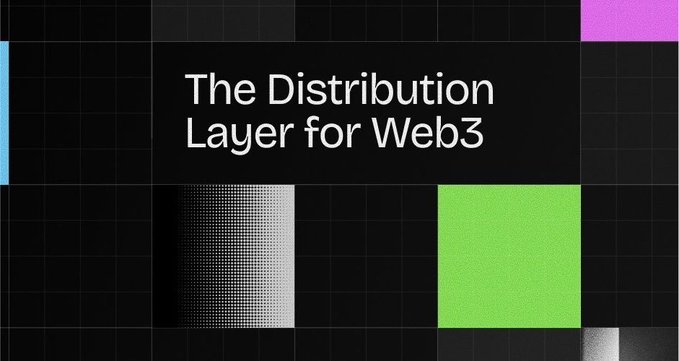 A dark presentation slide with a grid background featuring the text 'The Distribution Layer for Web3' alongside various colored geometric squares.
