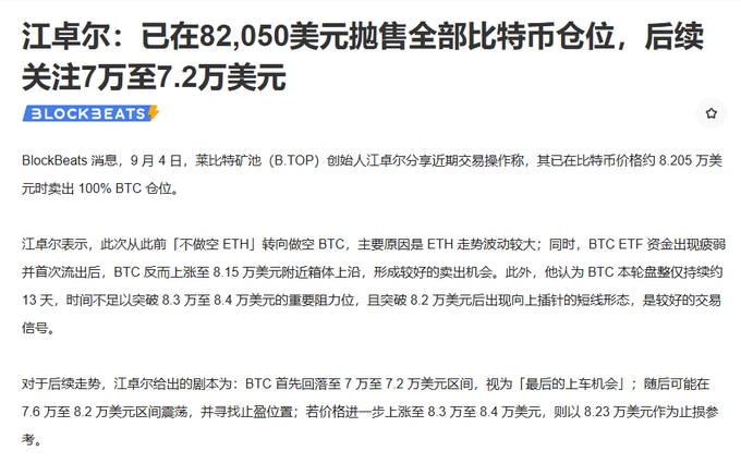 A BlockBeats news article reports that B.TOP founder Jiang Zhuojie sold 100% of his Bitcoin position at $82,050, citing weak ETH momentum and BTC ETF outflows, and outlines his bearish trading plan for BTC to potentially drop to $70,000–$72,000—matching the accompanying post's observation that BTC began falling right after crossing $82,000 due to Jiang Zhuojie's selling.