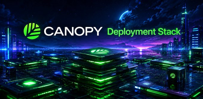 A futuristic cityscape at night with green glowing servers and the text 'CANOPY Deployment Stack' prominently displayed.