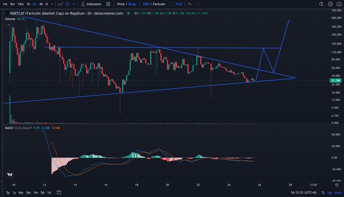 A TradingView chart of FARTCOIN/Fartcoin on Raydium with a clear descending triangle pattern drawn in blue lines, showing the MACD indicator at the bottom.
