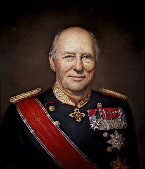 A painted portrait of King Harald V of Norway in formal military dress uniform adorned with medals, sashes, and decorations.