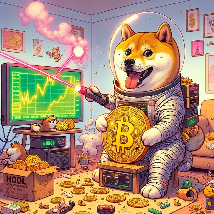A colorful cartoon illustration of a Shiba Inu dog dressed as an astronaut holding a large Bitcoin coin, surrounded by cryptocurrency charts, mining equipment, and crypto coins in a cluttered room.