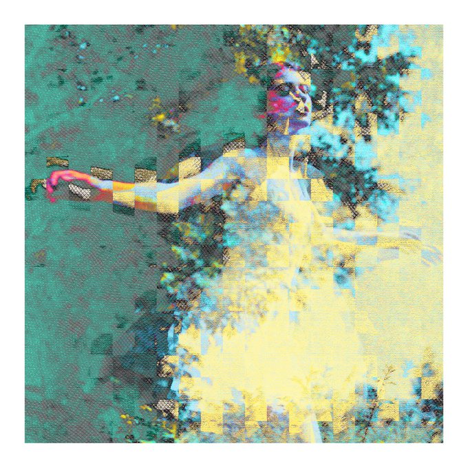 A digital glitch art piece depicting a figure in a flowing dress, rendered in pixelated cyan, yellow, and neon pink tones.